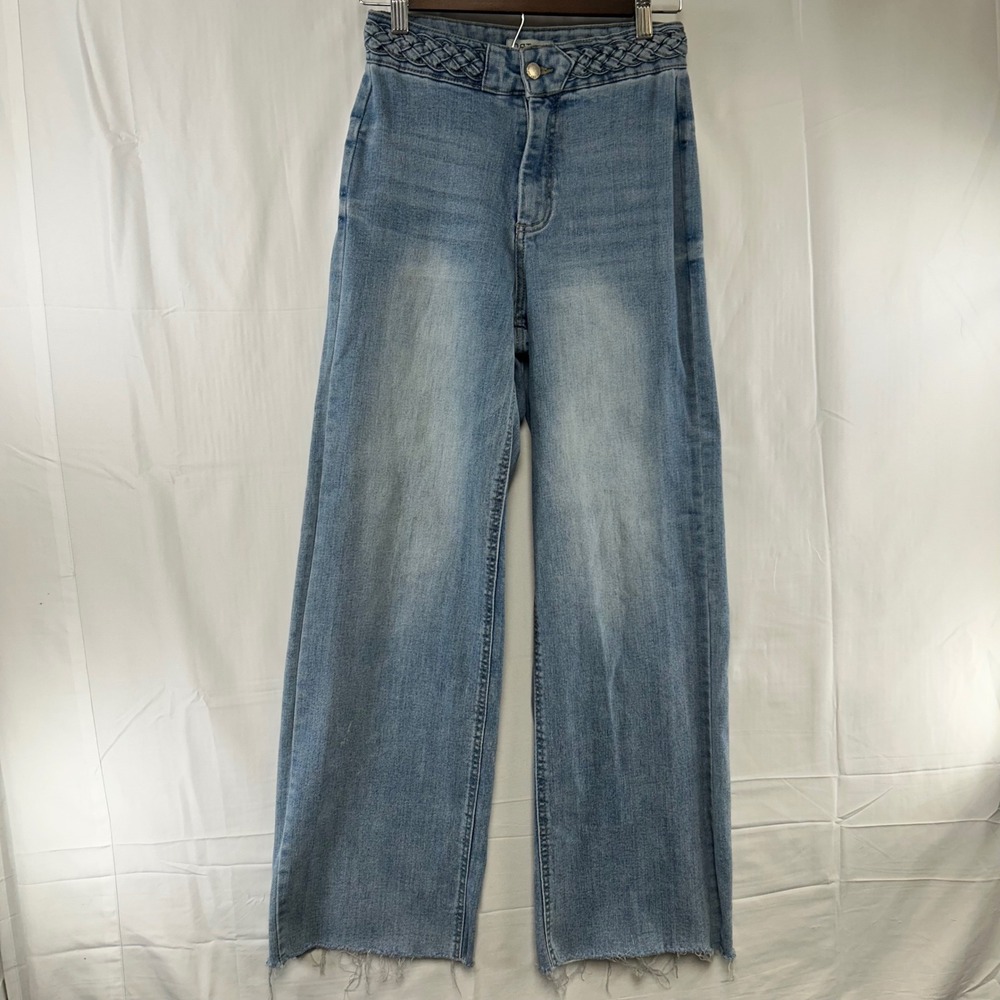 OAT New York Wide Leg Jeans Womens 2/26 Light Blue Braided Waist Frayed Hem